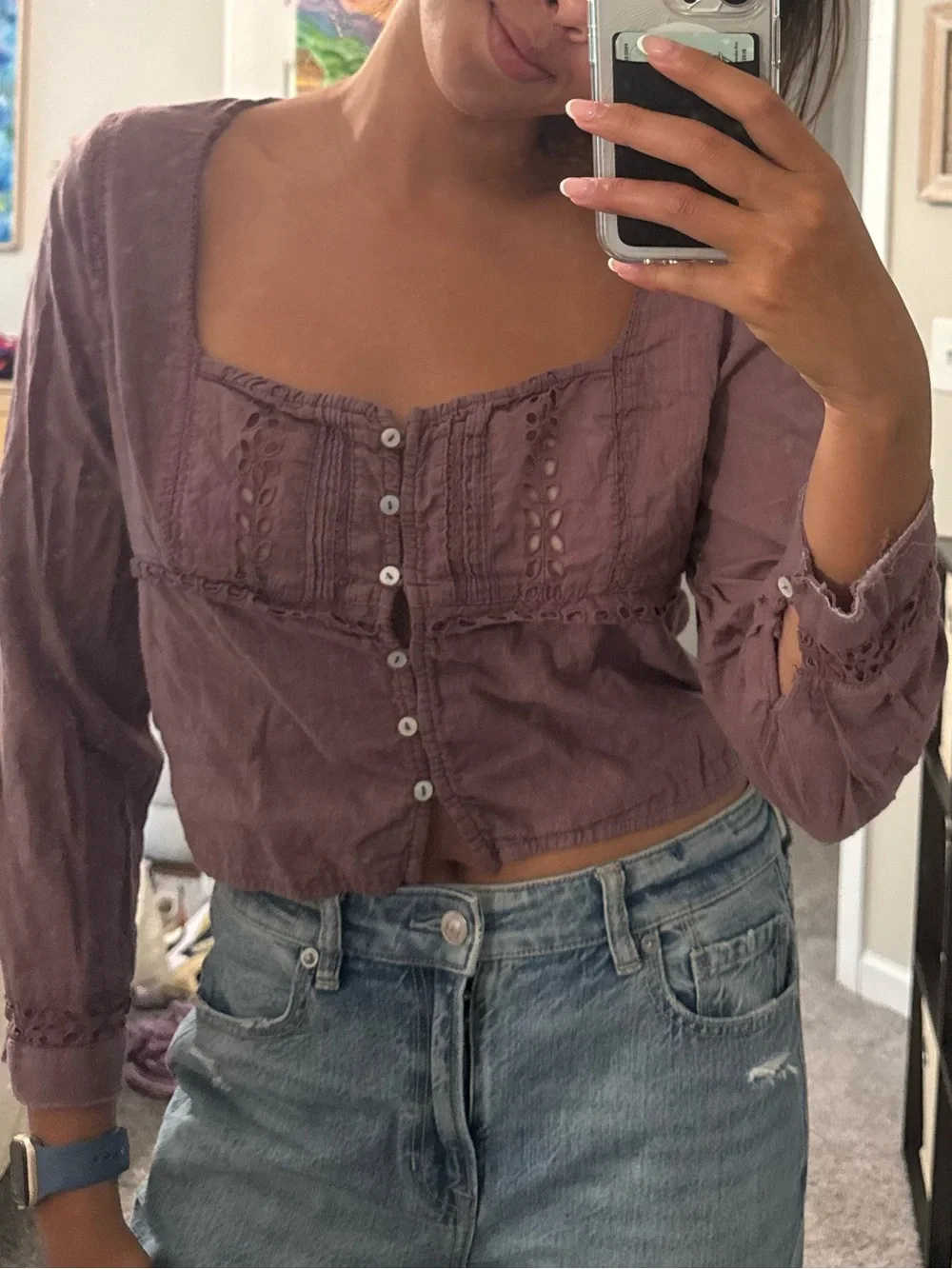 Free People Women's Mauve Button-Front Square Neck Top